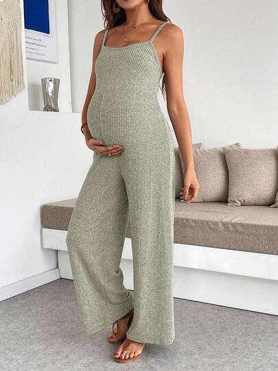 SHEIN Maternity Solid Color Spaghetti Strap Square Neck Sleeveless Casual Ribbed Jumpsuit, Comfortable & Breathable Maternity Jumpsuit Maternity Lounge Wear Pregnancy Clothes Sage Green Maternity Maternity Clothes