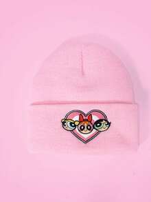 THE POWERPUFF GIRLS X SHEIN 1pc Knitted Beanie Hat With Cartoon Embroidery, Fashionable Street Riding Gift Choice - A - View 5