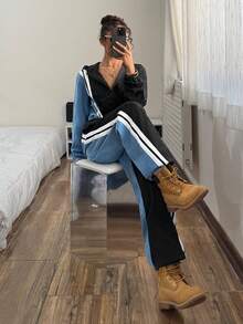 StreetHx Women's Color Block Regular Shoulder Long Sleeve Hooded Casual Waist Drawstring Denim Jumpsuit - Multicolor - View 7