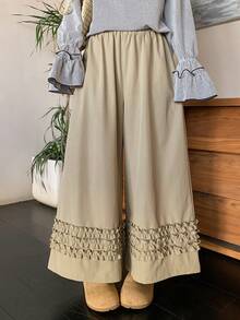 FRIFUL 女士弹力腰宽松阔腿裤，多层荷叶边裤脚，九分裤长 - 杏色 - 查看 2