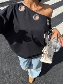 Muchica Women's Metal Grommet Design Loose Fit Batwing Sleeve T-Shirt For Going Out Outfits, Back To School, Streetwear, Grunge And Punk Chic, Y2K Clothes, Edgy Clothes Woman And Unique Clothes, Black Y2k Top, Asymmetrical Shoulder T Shirt - Black - View 4