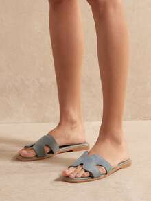 SHUZIA 女士镂空露趾软垫仿麂皮钢蓝色凉拖鞋 – 奢华优雅，舒适易搭 - 灰色 - 查看 4