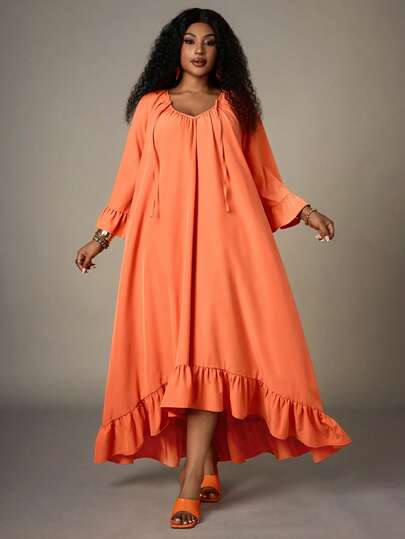 EMERY ROSE Plus Size Solid Color Minimalist Long Sleeve Casual Dress Winter Outfit For Women New Year Clothes Plus Size Orange Dress Ruffle Hem Dress Valentine's Day, Mother Clothing, Valentine's Day Outfit, Red Valentine's Day Orange Beach Dress Women Dresses Orange Orange Maxi Dress High-Light Color Combination Beach Outfit Cajuni Dress