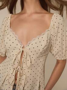 ATUI Studio Women's Elegant Polka Dot Print Tie Front Blouse, Summer Women's Polka Dot Lace Trimmed Sweetheart Neck Lace Up Front Pocket Bubble Sleeve Fashionable Shirt, Beautiful And Clean, A Must-Have For Girls To Fit Well, Summer Vacation, Vacation - White - View 3