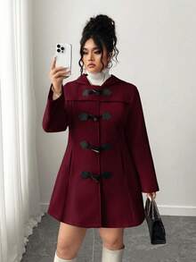 Elenzga 加大码休闲修身杏色翻领连帽粗呢大衣 - 酒紅色 - 查看 6