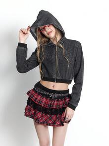 SHEIN Unity 女士短款纯色连帽拉链长袖卫衣 - 黑色 - 查看 5