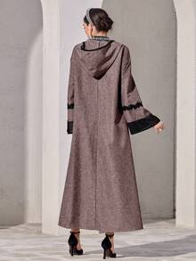 Al Najma Đầm Abaya có mũ trùm đầu phối ren, màu tương phản dành cho nữ - Đỏ - Xem 2