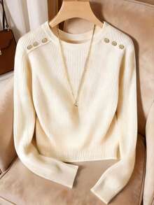 Franclia 女士圆领弹力腰带罗纹长袖T恤 女士毛衣 女士套头衫 女士薄款针织毛衣