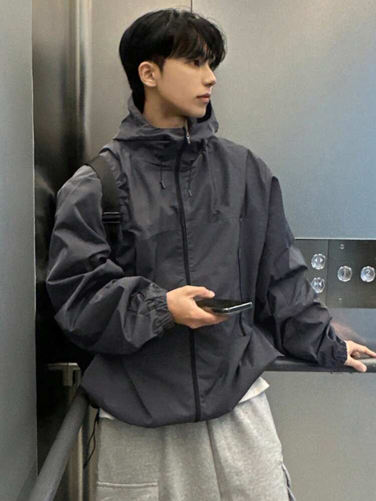 Men's Solid Dark Grey Hooded Cardigan Jacket, Autumn Spring
