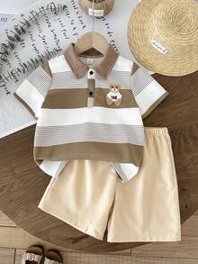 LMoss Kids LMoss   Young Boy Striped Print Short Sleeve Polo Shirt And Solid Color Shorts Set - Multicolor - View 8