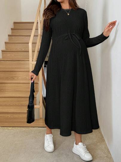 SHEIN Maternity Casual Solid Color Waist Cinched Long Sleeve Dress Long Sleeve Long Dress Midi Black Dress Ribbed Dress Casual Black Dress Dress Modest Black Midi Dress Long Sleeve Black Dress Ribbed Black Dress Modest Black Dress Black Long Sleeve Dress Modest Dress