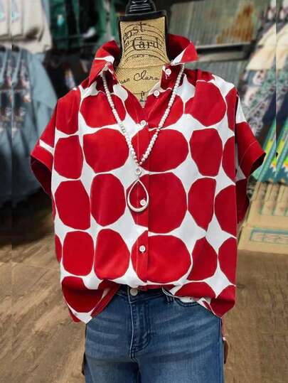 EMERY ROSE 女士休闲度假风全幅波点印花翻领纽扣短袖宽松衬衫，夏季