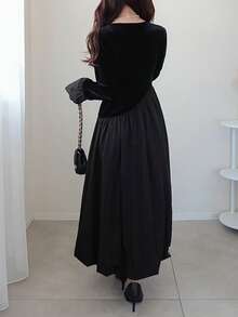 FRIFUL Women's Velvet Patchwork Bodycon Waist A-Line Dress - Black - View 4