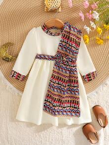 SHEIN Baby Girls' Spring Middle Eastern Style Print Collared Long Sleeve Waist Dress, Comes With Detachable Printed Shawl, Versatile Styling, Suitable For Middle Eastern Holiday And Party Wear★ رمضان ★ قرقيعان	فستان العيد  الملابس التقليدية العربية - Apricot - View 3