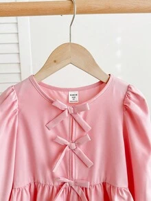 SHEIN LMoss Kids 女童纯色系带长袖简约休闲衬衫 - 淺粉色 - 查看 4