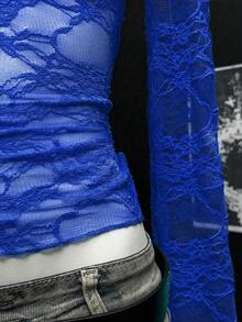 EgrlEra 女士半透明蕾丝长袖上衣，适合新年穿着 - 藍色 - 查看 4