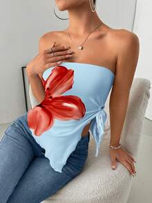 INAWLY Top bandeau con estampado floral y dobladillo asimétrico retorcido para mujer - Celeste - Ver 5