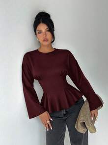 Aloruh Women's Casual Round Neck T-Shirt With Ruched Waist, Solid Color T-Shirt For Daily Commute And Home Wear, Long Sleeve Knit T-Shirt With Floral Mesh Burgundy Blouse - Burgundy - View 6
