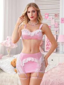 SHEIN 女士性感甜美可爱浪漫复古法式缎面撞色蕾丝露脐上衣+丁字裤+迷你裙+腰带+腿环六件套 - 粉色 - 查看 8