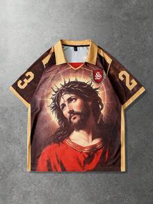 ROMWE MEN Prep Men's Polo Shirt, Casual Sports Sakura & English Text Graphic Print Short Sleeve Polo Shirt - Coffee Brown - View 4