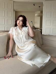 Dazy Plus Satin Contrast Lace Elegant V-Neck Sexy Bow Tie Short Sleeve Fitted Sleepwear Nightgown - Apricot - View 8