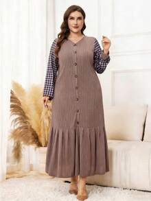 Lacomfia Plus Size Women's Vintage Patchwork Plaid Print V-Neck Single-Breasted Ruffle Hem Loose Dress, Spring/Autumn