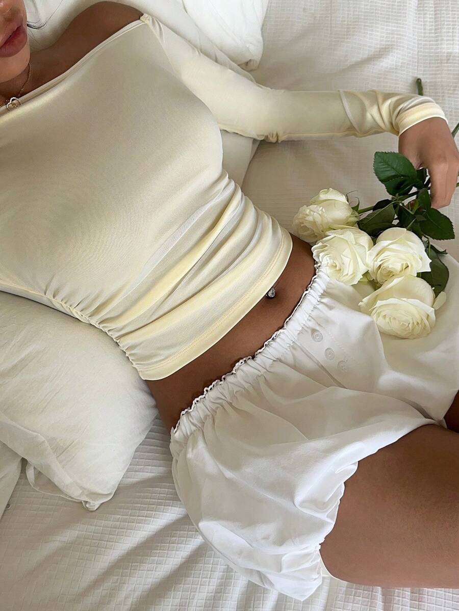 CovetEZ Light Yellow Casual Minimalist Oblique Shoulder Long Sleeve Women T-Shirt - Pale Yellow - View 1