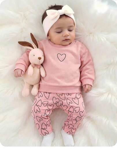 Newborn Baby Girl Cute Casual Heart Pattern Knit Long Sleeve Sweatshirt & Elastic Waist Pants Set