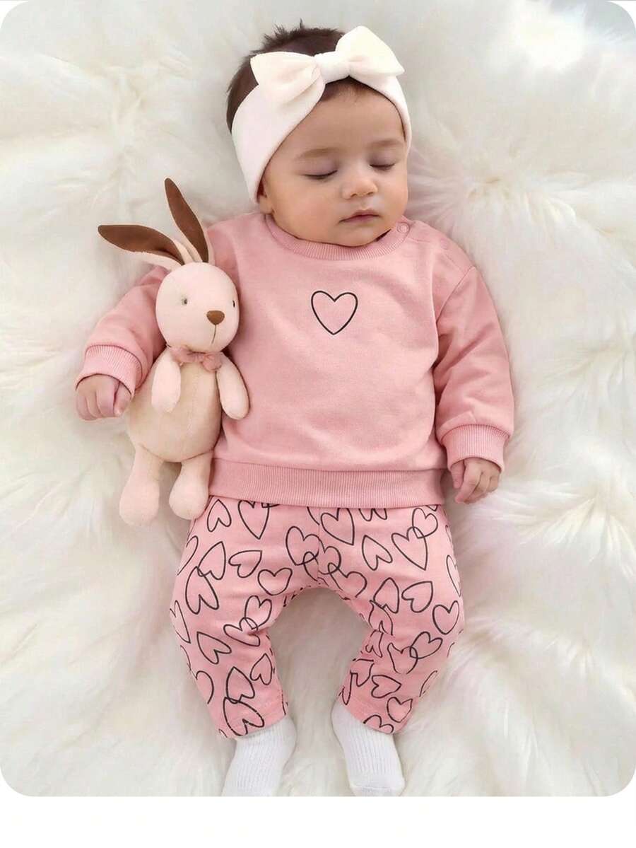 Conjunto de sudadera de manga larga con estampado de corazón y pantalones de cintura elástica para bebé niña recién nacida - Rosa - Ver 1
