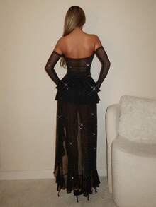 SHEIN ICON 女士水钻婚礼生日派对度假情人节黑色闪亮低腰不对称多层荷叶边下摆派对亮片性感半身裙 - 黑色 - 查看 13