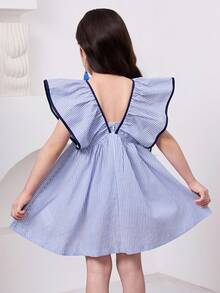 SHEIN Young Girl Summer 100% Cotton Blue And White Striped V-Neck Contrast Trim Striped Print Casual Short Striped Mini Babydoll Dress Daily Commuter Wear Dresses For Summer Outfits For Beach Outfits For Woman Vacation Outfits ,Mommy & Me Matching. - Blue - View 4