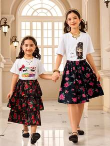 رمضان مجموعة تنورة مطبوعة رقميًا وبلوزة كاجوال بأكمام قصيرة مطبوعة بطبعة زهرية وحرف، مناسبة للخروجات والمدرسة والتنقل - أبيض - مشاهدة 3