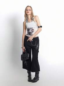 Casual Comfortable Fashion Cargo Style Loose Cross Pattern Capri Pants - Black - View 5