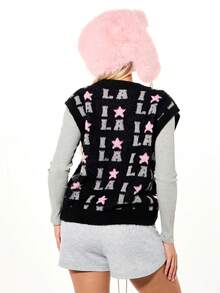 SUMWON WOMEN Oversized Knitted Sweater Vest With All Over LA Text And Star Pattern Print For Casual Winter Fashion - Black - View 2