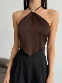 Aloruh Women's Asymmetrical Hem Halter Neck Tank Top - Coffee Brown - View 6