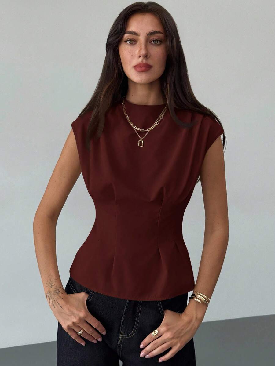 Aloruh 女士休闲日常办公通勤简约纯色短袖收腰衬衫，夏季 - 紫紅色 - 查看 1