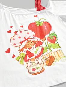 Strawberry Shortcake | ROMWE Áo thun trắng dáng rộng dành cho nữ, phong cách thường ngày, đi làm, đi nghỉ mát, in hình hoạt hình dễ thương và dâu tây, cổ lệch vai, phối ren tương phản, màu trắng, thích hợp mặc mùa hè. - trắng - Xem 4