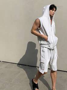 DAZY Men's Solid Color Hooded Cardigan & Tank Top Set, Summer - Grey - View 6