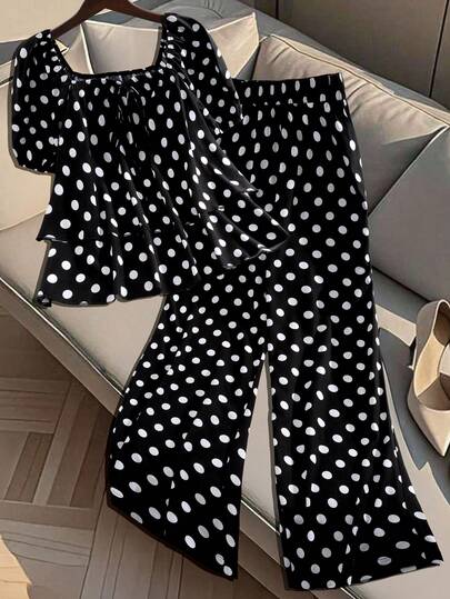 GlowEve CURVE 大码女式复古波点法式领荷叶边泡泡袖上衣+松紧腰宽松长裤两件套，浪漫甜美约会经典款，春夏新款休闲度假通勤装。