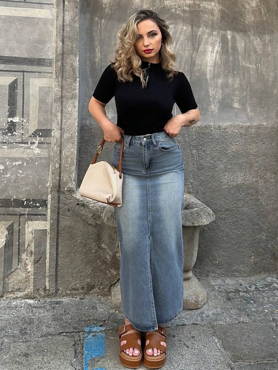 Jeta Ari Váy denim chữ A dài xẻ tà phai màu cho nữ, quần áo mùa thu, váy jeans - Màu xanh lam - Xem 1