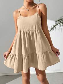 SHEIN EZwear Solid Color Spaghetti Strap Ruched Minimalist Short Dress, Casual Everyday Wear,Backless Dress - Apricot - View 8