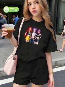 algodón puro t shirts girls clothes shirts girl clothes teen girl clothes kids clothes girls mommy and daughter matching outfit shirts for teen girls clothes graphic kpop cute tops teen girls clothes girls clothing girls shirts kpop demom hunters - Negro - Ver 1