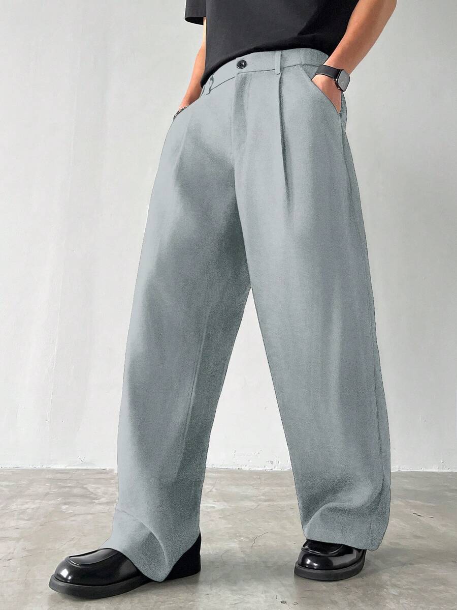 Manfinity Hypemode Casual Pocketed Wide-Leg Thick Pants For Men, Autumn - Light Grey - View 1