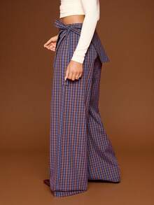 COUREZ Fustă neagră Skouser cu picior larg, pantaloni suprapuși, din material ușor în carouri / Haine de toamnă Y2K, haine de iarnă, streetwear, pantaloni supradimensionați cu legături laterale - cafea maro - Vizualizare 7
