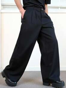 Claim Dot 男士純色寬腳西裝褲（不含腰帶） - 黑色 - 查看 7