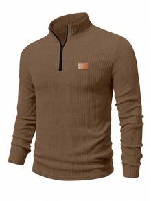 Manfinity Homme 男士纯色简约休闲拉链长袖T恤 - 卡其色 - 查看 3