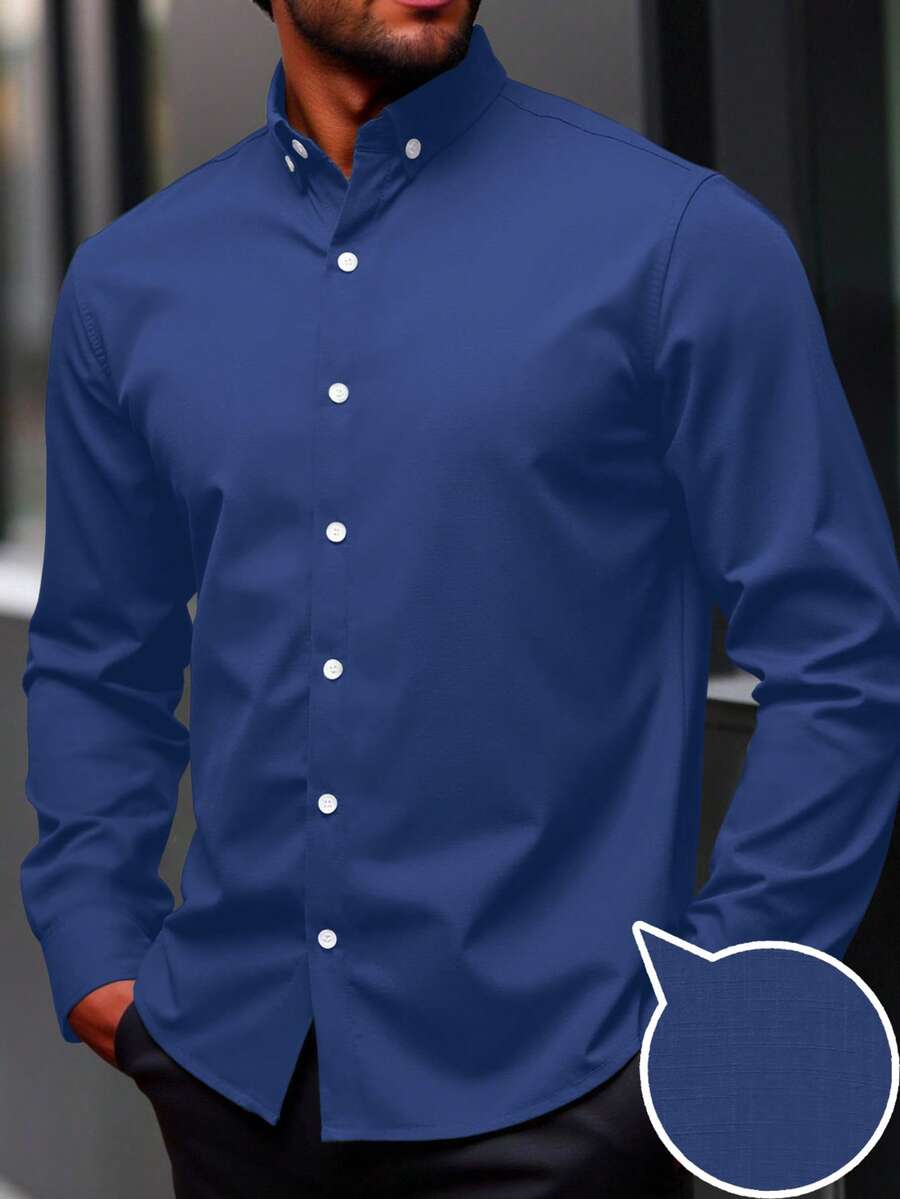 Manfinity Homme Plus Size Men's Solid Color Front Button Stand Collar Long Sleeve Business Shirt - Royal Blue - View 1