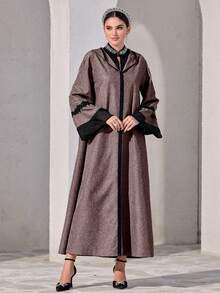 Al Najma Đầm Abaya có mũ trùm đầu phối ren, màu tương phản dành cho nữ - Đỏ - Xem 6