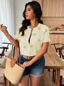 SHEIN Clasi Plus Size Random Floral Print Casual Short Sleeve Shirt - Yellow - View 5