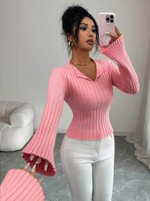SHEIN Elenzya 女士优雅复古斯德哥尔摩风格高领喇叭袖修身毛衣，适合休闲约会、工作、感恩节、派对、办公室穿着。 - 粉色 - 查看 8